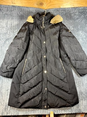 Michael Kors Puffer Coat Womens 2XL Black Down Faux Fur Hood Winter Mock Neck