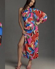 New Farm Rio Anthropologie Floral Satin One Shoulder Dress XS