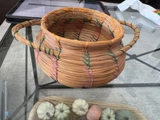 Small Hand Woven Handled Stitched Coiled Sweetgrass Basket Solid Bottom