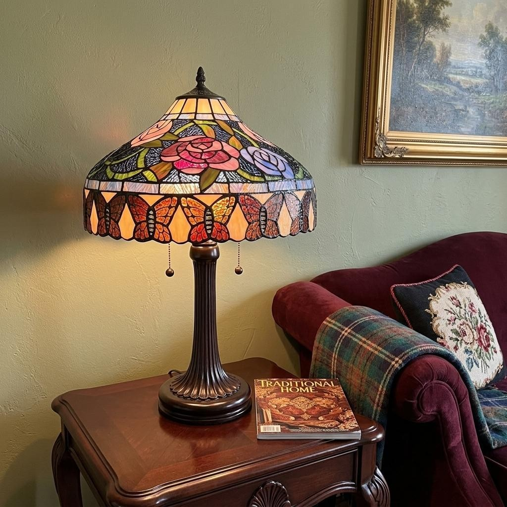 Floral Roses, Peony Butterfly Tiffany Style Stained glass table lamp