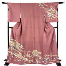 Japanese Silk Houmongi Kimono L 165cm Reddish purple Teiou Shi Grass and flowers