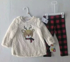NWT Reindeer Pant Set Fluffy Shirt Buffalo Plaid Size 3T 