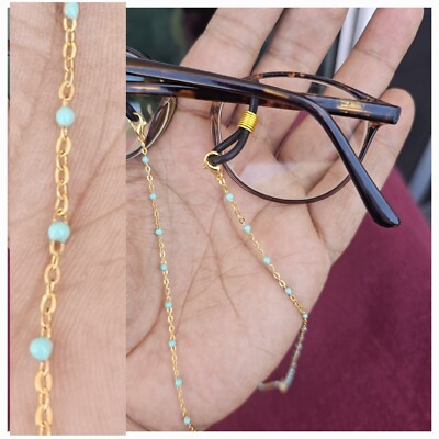 Eyeglasses Strap Holder Reading Retainer 18K Gold Plated Eyeglass Blue  Beaded