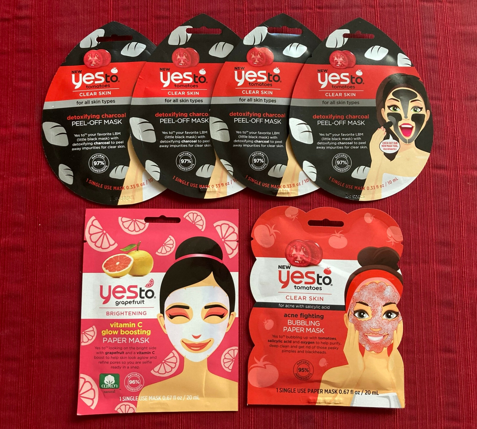 Mask Yes Lot of 6 Yes To Single Use Facial Masks: (5)Tomatoes + (1) Brightening ...