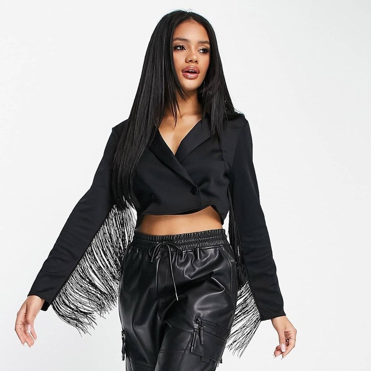 ASOS DESIGN Jersey Tux Crop Suit Blazer with Fringe Detail - Black 