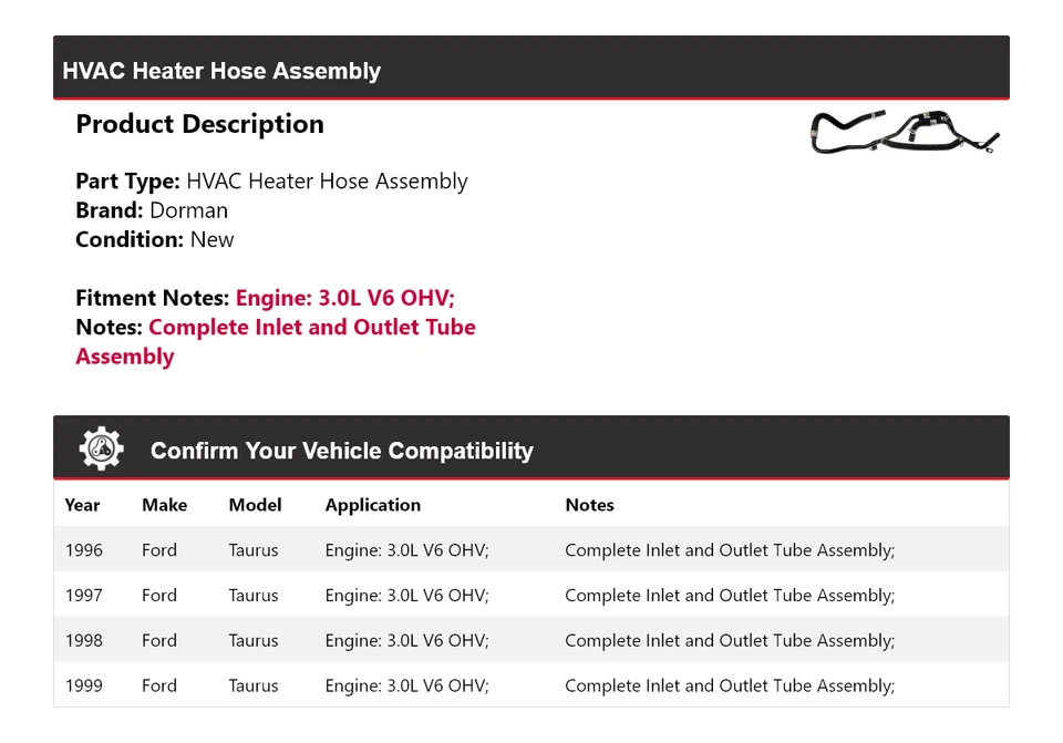 Conjunto de manguera de calefacción para Ford Taurus 1996-1999 3,0 L V6 OHV Dorman 1997 Foto 2 de 4