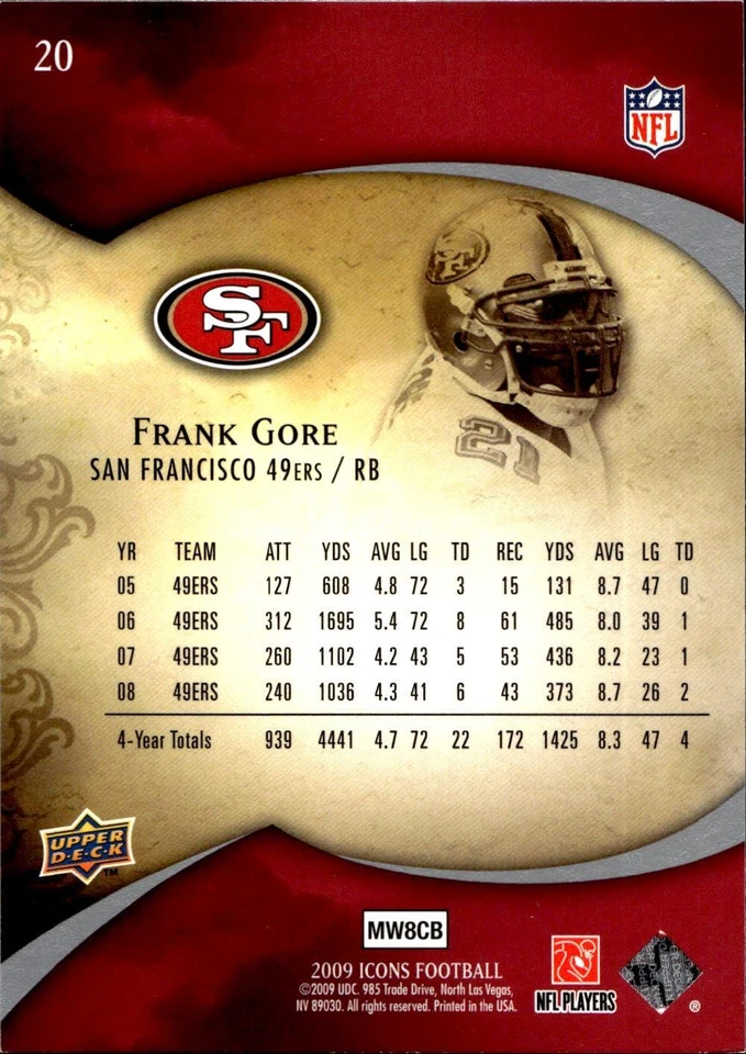 2009 Upper Deck Icons #20 Frank Gore - Image 2 of 2