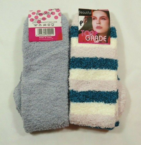 2 Pack Slipper Fuzzy Striped Knee High Socks Womens 9-11 Powder Blue Lavender P - Picture 2 of 2
