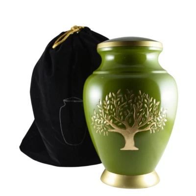 Green Urn With Etched Gold Tree of Life For Human Adult Ashes