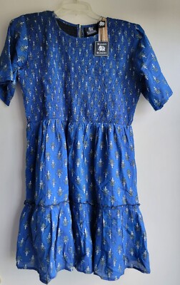 Madison Matthews Dress Large Blue Smocked Floral Short Ruffle Lined Charleston 