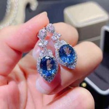14k White Gold Plated 3Ct Oval Cut Lab-Created Blue Topaz Drop/Dangle Earrings