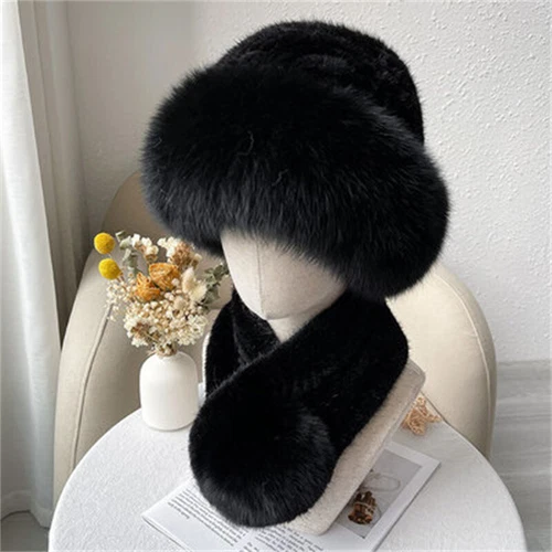 Cappello donna pelliccia visone + vera pelliccia visone vera sciarpa berretto lavorato a maglia berretto sci elasticizzato - Foto 8 di 22