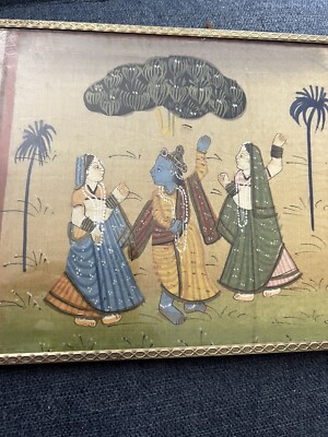 ANTUQUE MINIATURE SILK PAINTING INDIAN HINDU VISHNU LADIES PALM TREES 