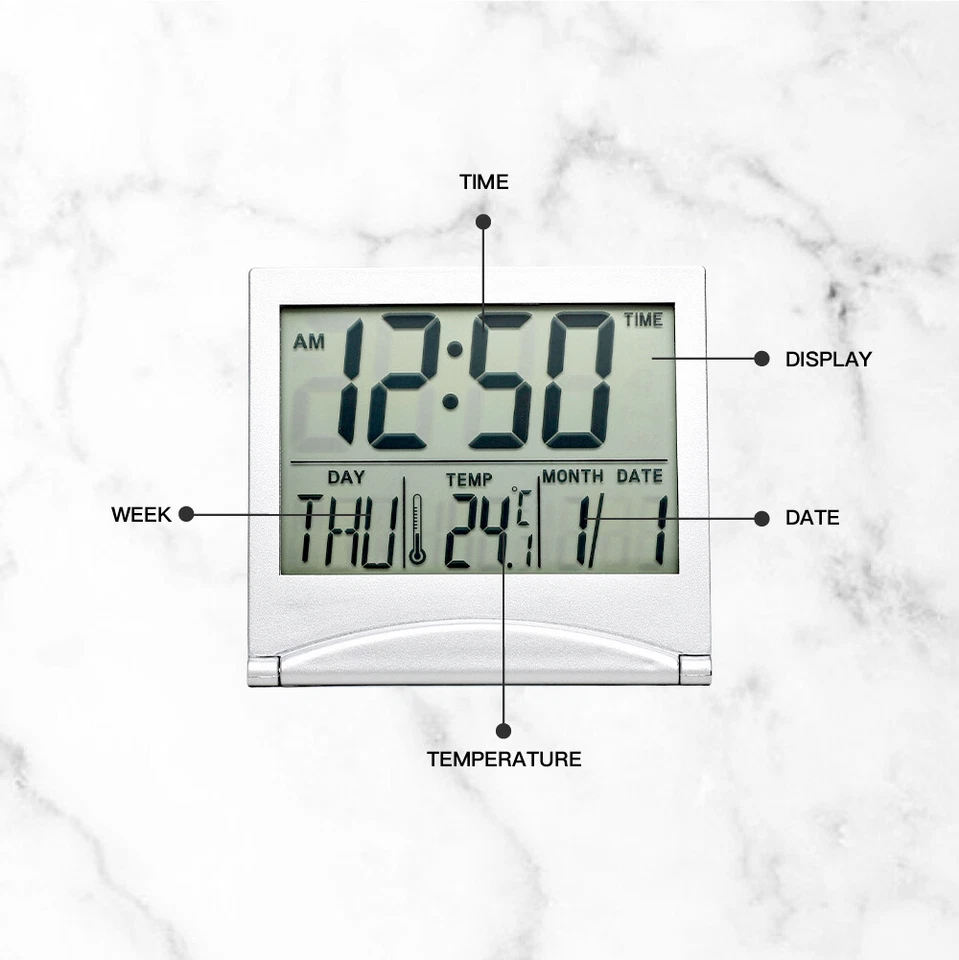 Digital Travel Alarm Clock Foldable Temperature LCD Clock Compact Desk Timer New - Image 3 of 4