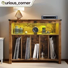 Record Player Stand Vinyl Album Turntable Display Wood Cabinet w/ Power Outlet