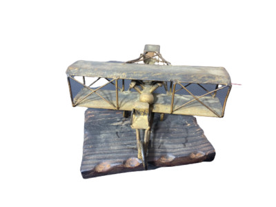 Vintage MCM Metal Art Airplane Sculpture Industrial Brutalist Bi-Plane Decor