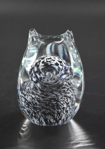 Owl Bird Paperweight Glass Crystal Figurine Black White Mottled 3"