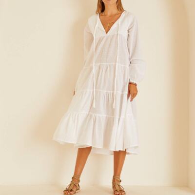 tiered long sleeve midi dress in swiss dot Natalie Martin Elisha Dress White Swiss Dot Tiered Long Sleeve Midi Sz S