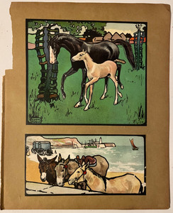 Very Nice 1910 Vintage Edwin Noble Horse & Donkey Burro Color Original Old Print