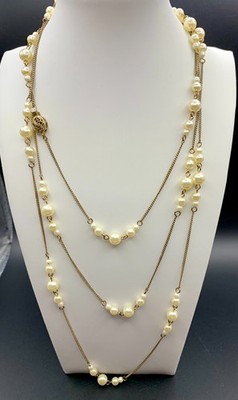 Extra Long 64 in Gold Tone Faux Pearl Station Necklace Opera Layering Vintage
