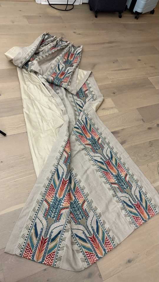 Handmade Blackout 2CurtainPanels Heavy Linen W/ Trebizon Embroidery 24” x 120” - Image 2 of 4