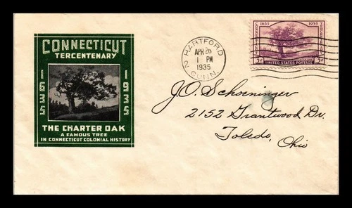 CONNECTICUT TERCENTENARY FIRST DAY ISSUE SCOTT 772 IOOR CACHET US COVER