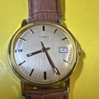 Timex Manual Wind Date Silver Sunburst Dial Gold Tone 34mm Brown Leather