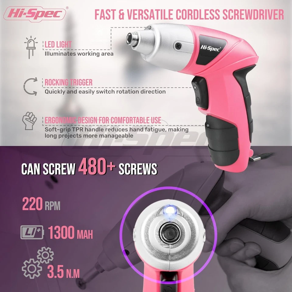 Cordless Screwdriver 3.6V Pink USB with 19pc DIY Home Tool Kit – Hi-Spec - Image 3 of 4