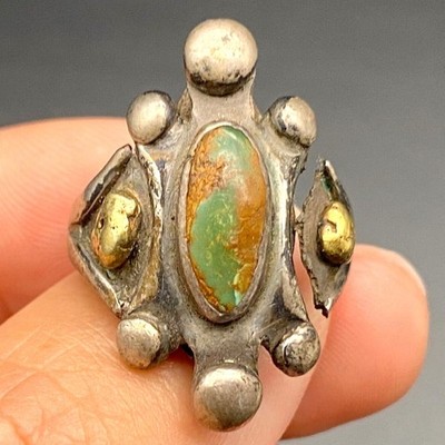 Vintage Navajo Turquoise Native Gold Nugget Silver Ring Size 6.5 - Need Repair
