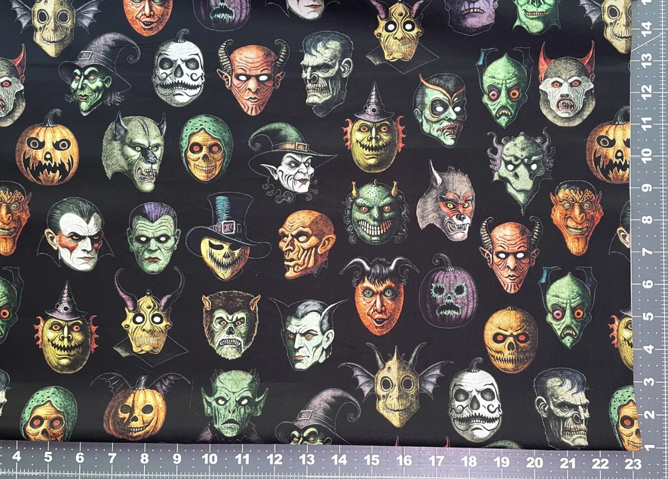 QT Fabric Cotton CREEPSVILLE Black - Monster Heads Pumpkin Witch Dracula Skull - Image 3 of 4