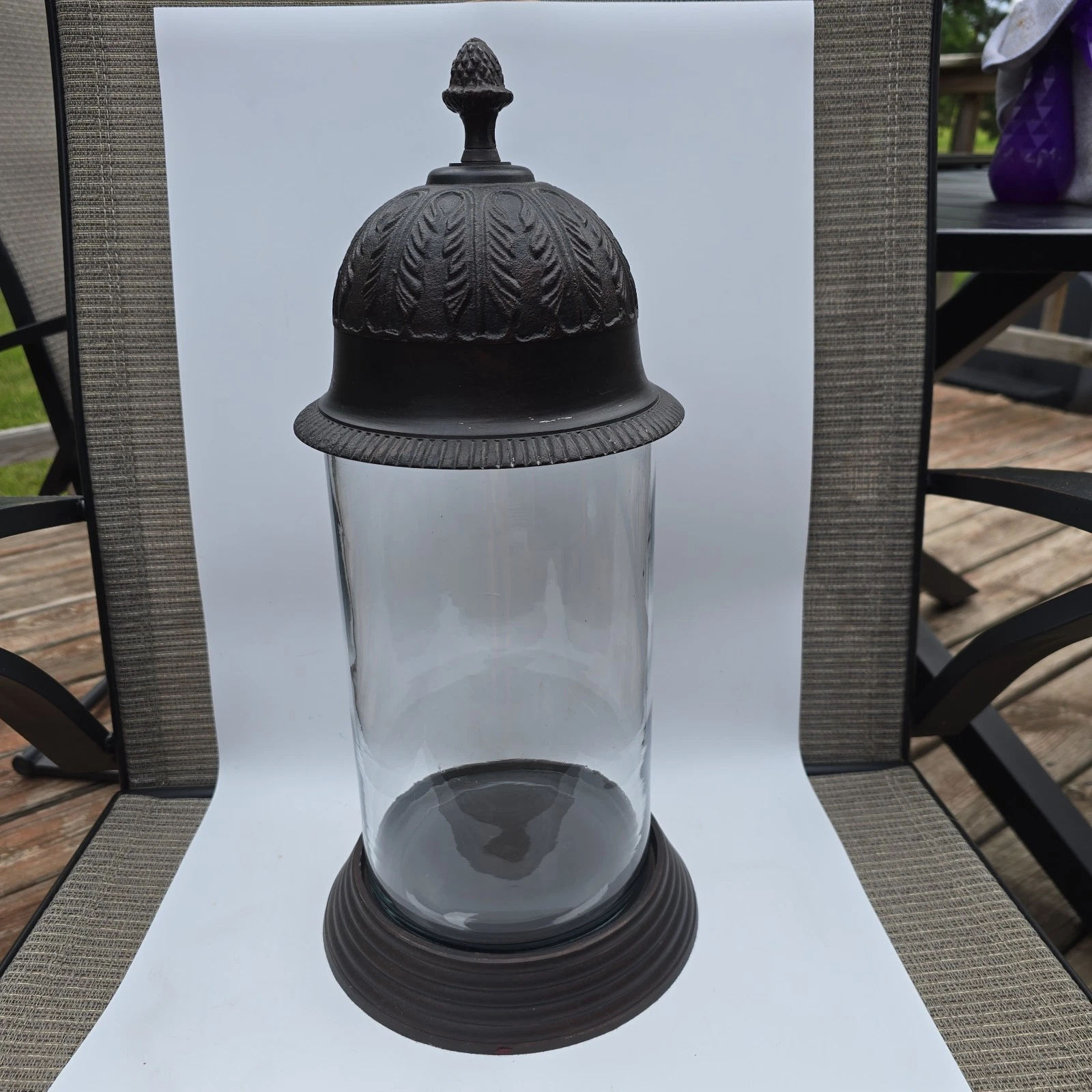 Thick Glass & Metal Ornate Bronze Lidded Decor Jar 3 Pc Set 16.75 In Rustic