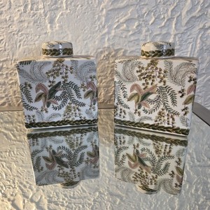 Pair of Vintage Ceramic Pottery Tea Caddies with lids signed boho decor wellness