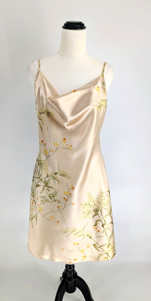 Satin Slip Dress Sz L Floral Print Cowl Neck Mini Champagne Spaghetti Strap