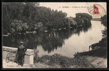Old postcard Stors, L ́Oise upstream of the bridge with a man and his bike 