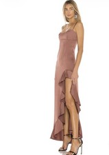 Nookie Sasha Satin Gown Brown Ruffle Hem Sweetheart Neckline Strappy Sleeves M