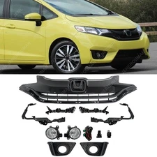 9PCs Front Grille Kit For 15-17 Honda Fit Black Grill Brackets Fog Lights Cover