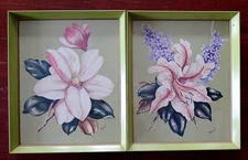 Vintage MCM Lot of 2 RENE' Prints Magnolia & Stargazer Lily w/Lilacs Chartreuse