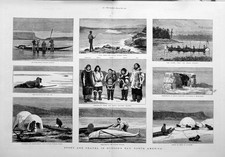 Antique Old Print 1879 Hudson Bay America Esquimaux Canoe Elk Kayak Igloo 19th