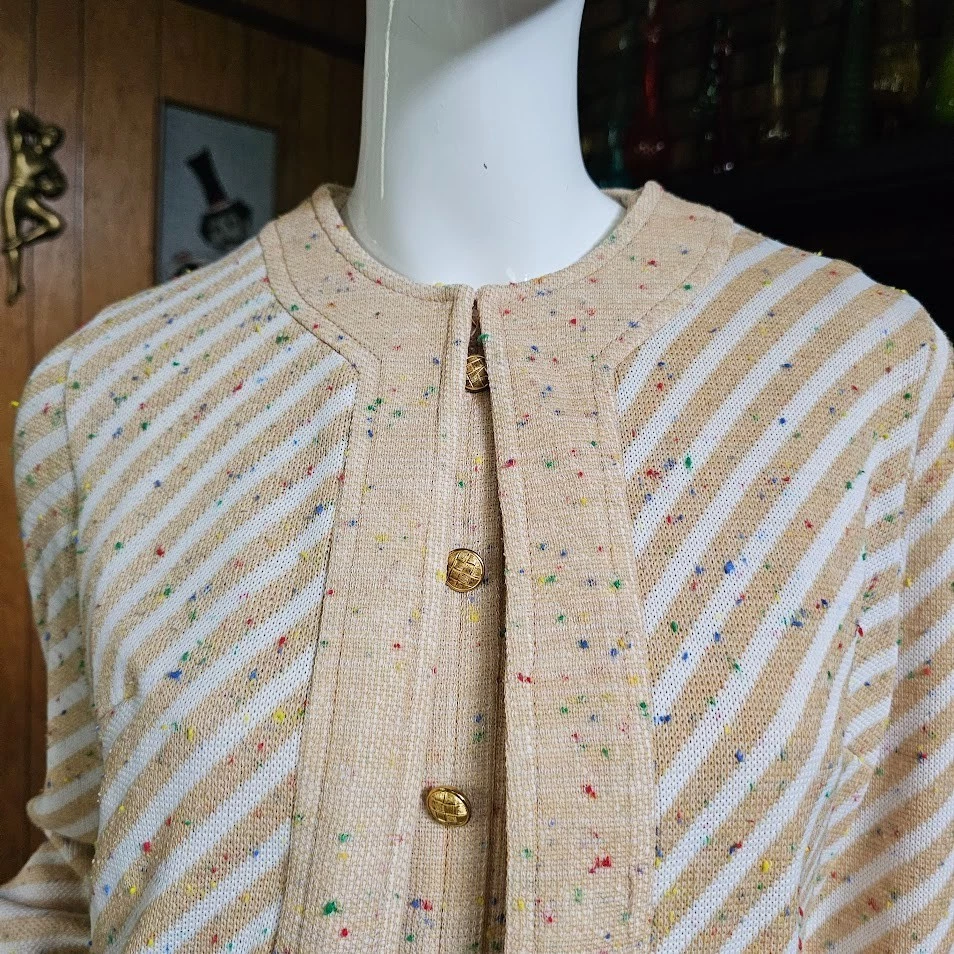 复古 70 年代 Mod Rainbow Confetti 针织燕麦条纹西装外套 + 迷你换装连衣裙 M/L — 第 4/4 张图片