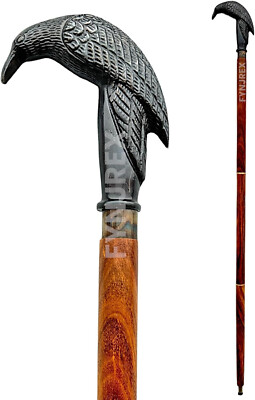 Vintage Brass Raven Crow Handle Walking Cane Wooden Stick Detachable Gift Men