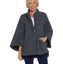 Sz S H by Halston Black Grey Full Zip Wool Blend Cape Jacket Coat Flared Sleeve