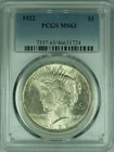 1922 Peace Silver Dollar S$1  PCGS MS-63   (37C)