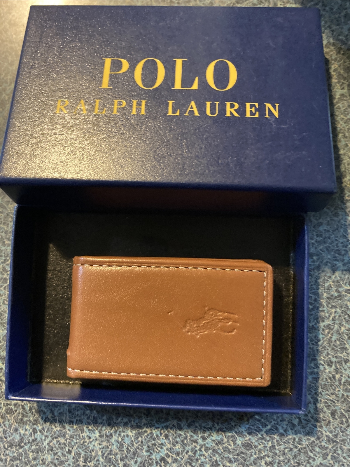 Polo Ralph Lauren Brown Leather Money Clip Compact Case Mens
