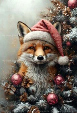 FOX PINK SANTA HAT ART PRINT, Christmas Poster, Holiday Home Decor, Wolf E573