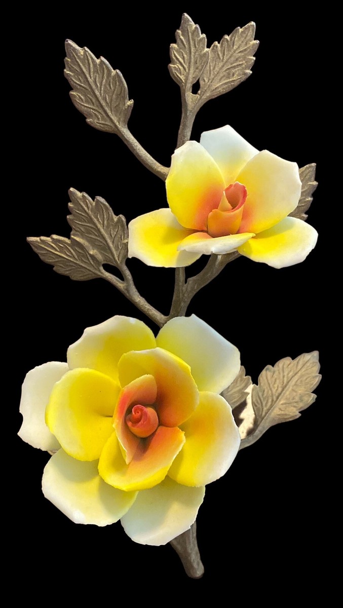 vintage MCM yellow porcelain flowers Orange Red Centers on brass