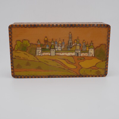 Vintage Soviet Era Wooden Trinket Box - Hand-Painted Scenery & Carvings