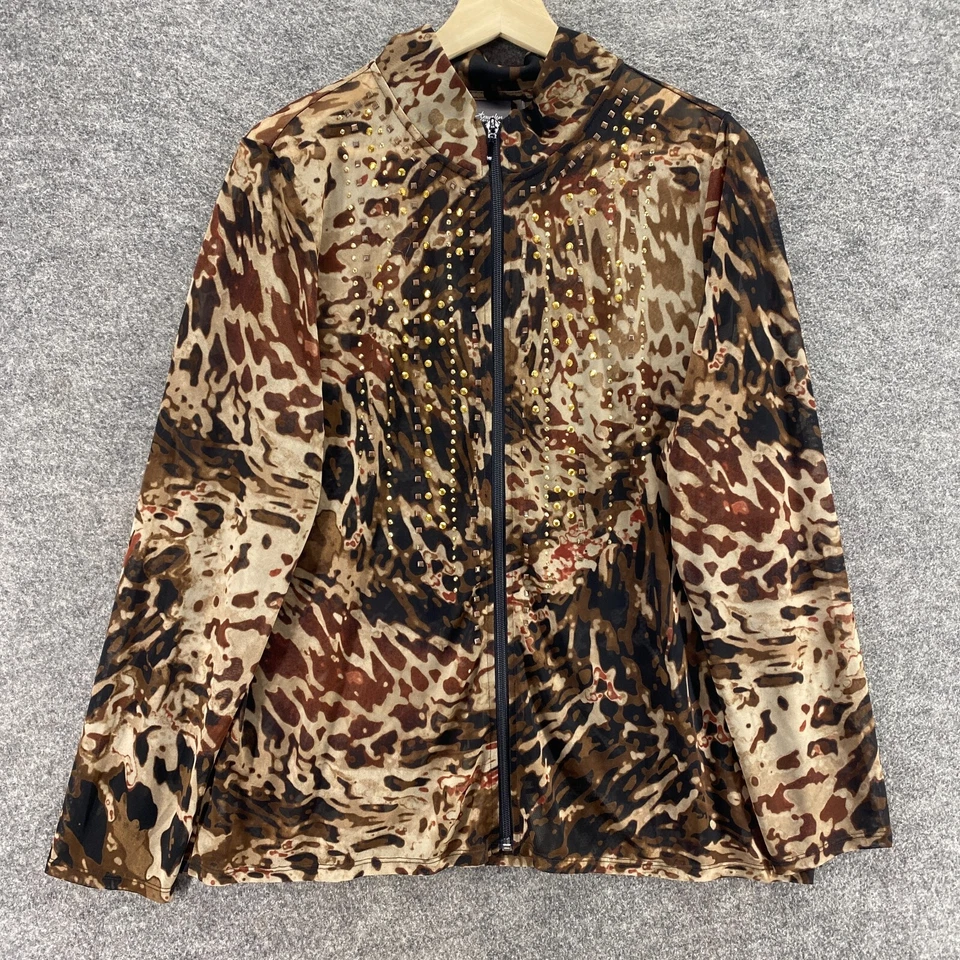 Chico's Blouse Women M Medium Brown Geometric Full Zip Travelers Rhinestone - Image 4 of 4