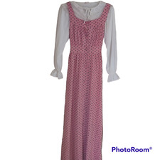 Vintage 70s Sears 2 Piece Prairie Cottage Eyelet Puff Sleeve Slip Maxi Dress Set