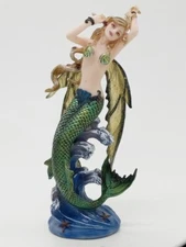 Green Mermaid Figurine Sitting on a Wave/ Fantasy and Magical H 8.50 inches