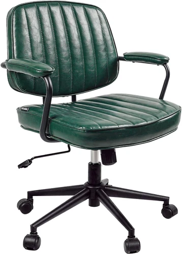 Mid Century Office Chair, Green Leather Desk Chair with Wheels and Arms, Adjusta